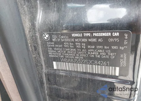 1995 BMW 325 Ic z USA, uszkodzony, nr VIN WBABJ5322SJC84261